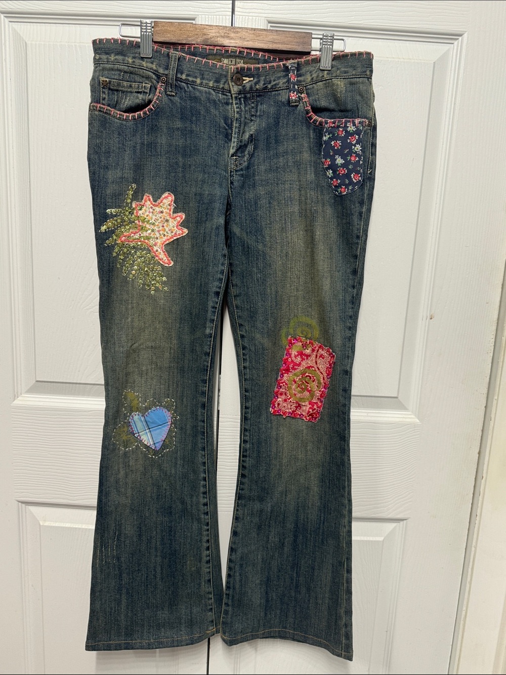Vintage Switch USA Embroidered Dark Blue Flare Jeans with Pink Patch Accents